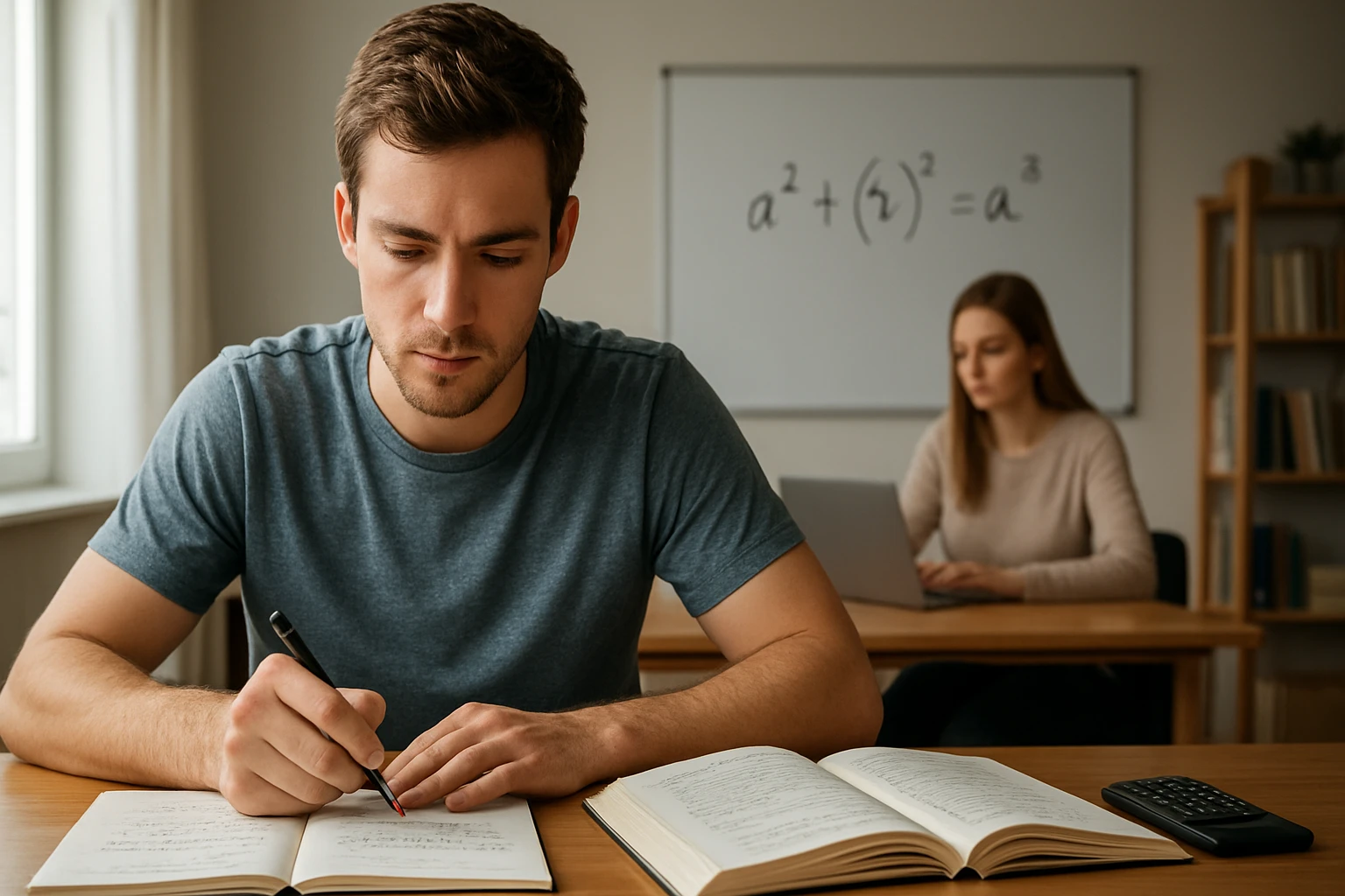 Egy fiatal férfi matematikai feladatokat old meg egy könyvben, háttérben egy nő laptopon dolgozik.