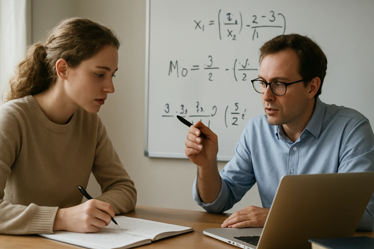 Egy fiatal nő és egy férfi matematikai feladatokat oldanak meg egy asztalnál.