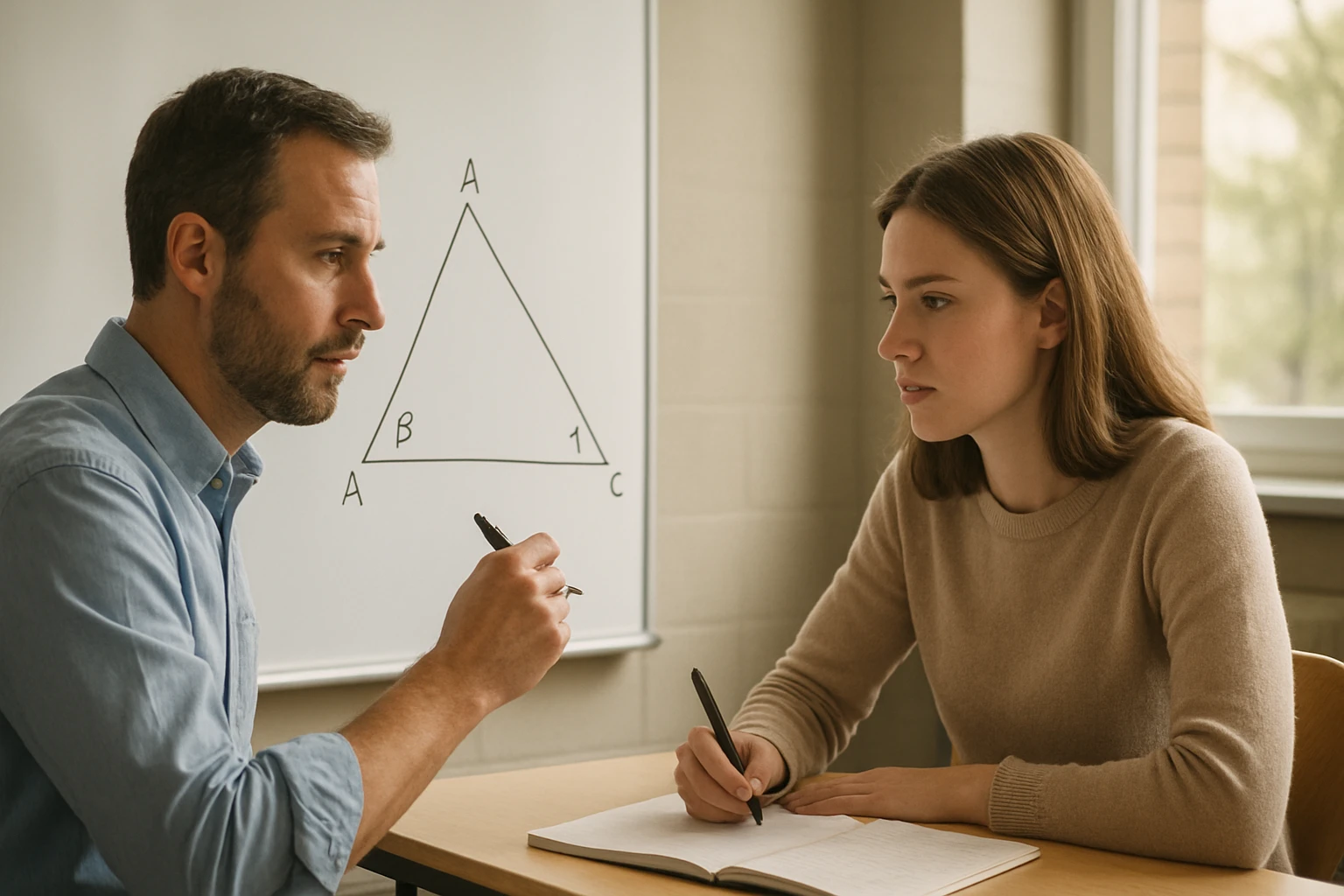 Egy férfi és egy nő matematikai problémát beszélgetnek egy táblán lévő háromszög mellett.