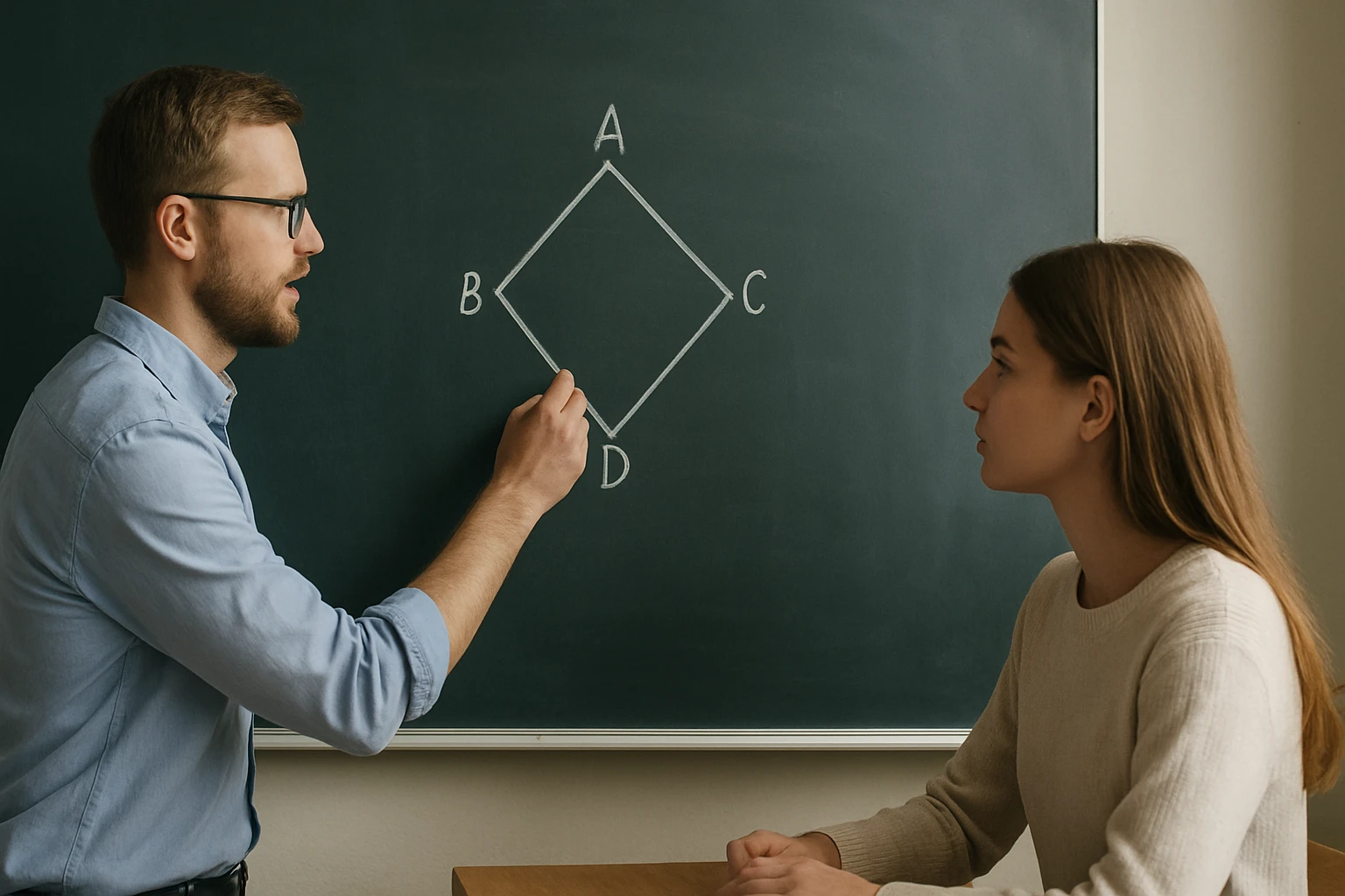 Egy férfi a táblán egy rombusz alakú ábrát rajzol, míg egy nő figyeli.