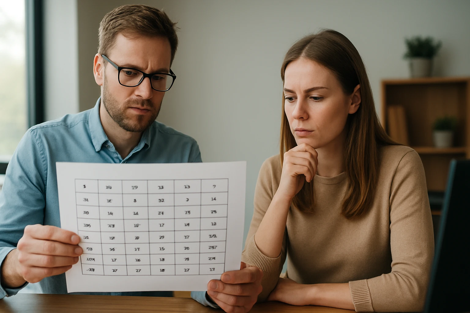 Két ember egy táblázatot néz, amely matematikai adatokat tartalmaz.