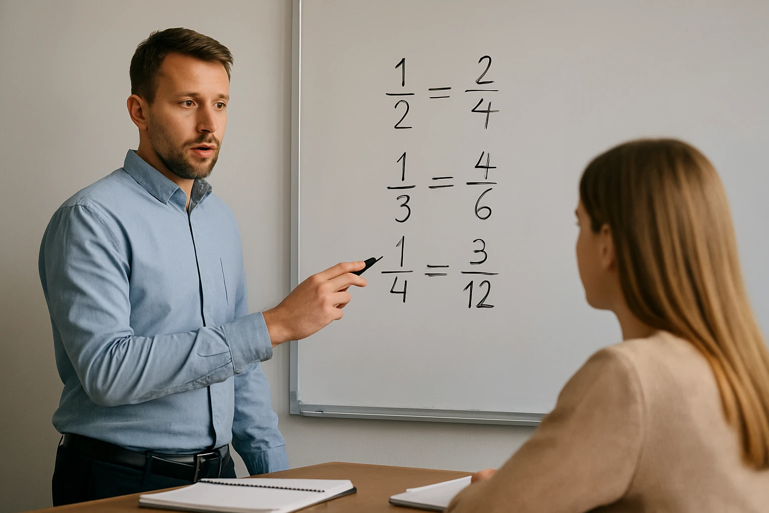 Egy férfi matematikai arányokat magyaráz egy nőnek egy táblán.