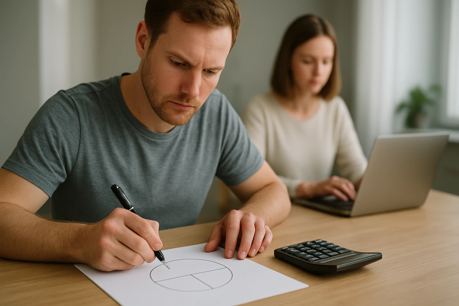 Egy férfi matematikai diagramot rajzol papírra, míg egy nő laptopon dolgozik.