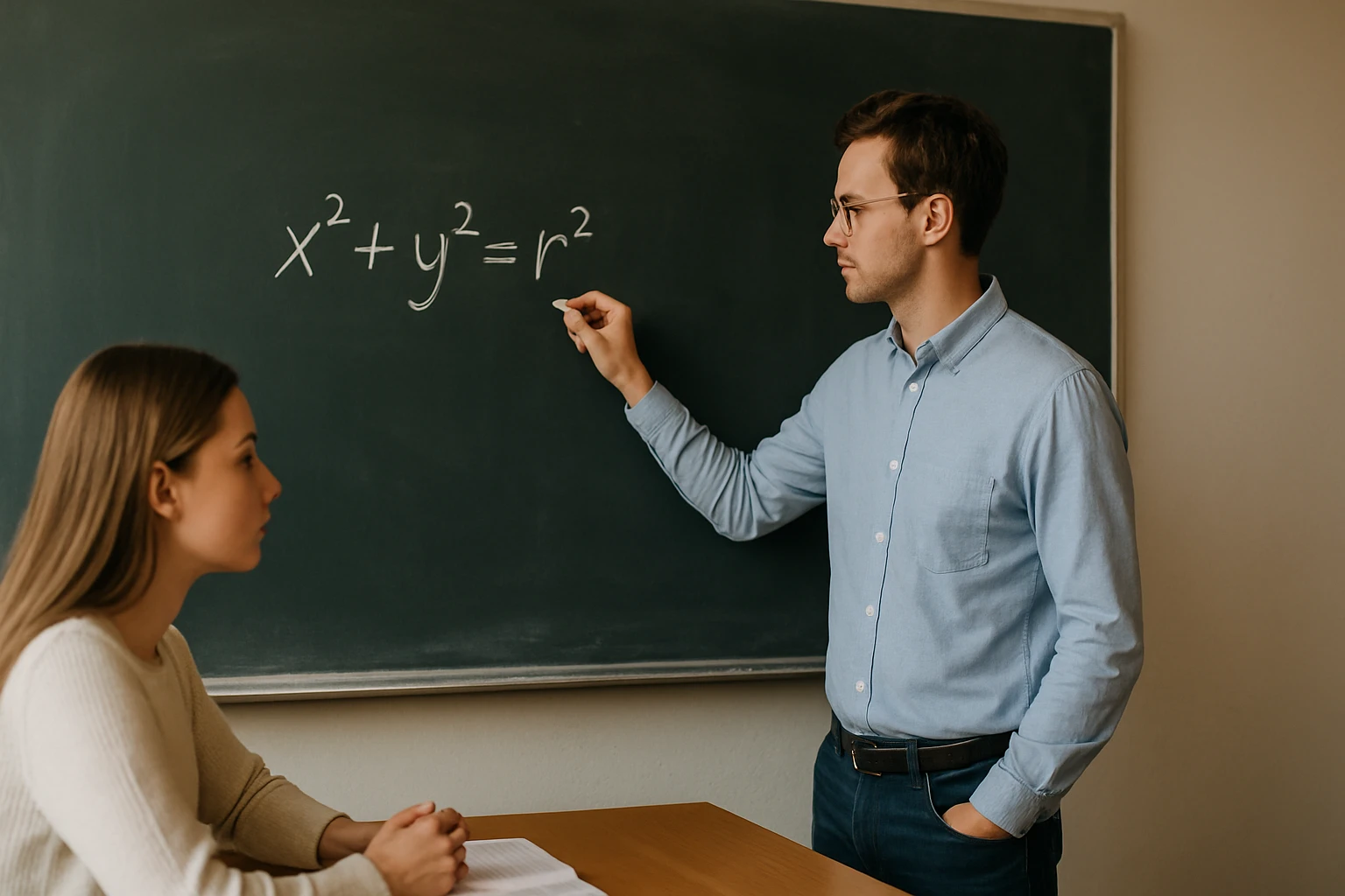 Egy tanár a táblán az x² + y² = r² egyenletet magyarázza egy diáknak.