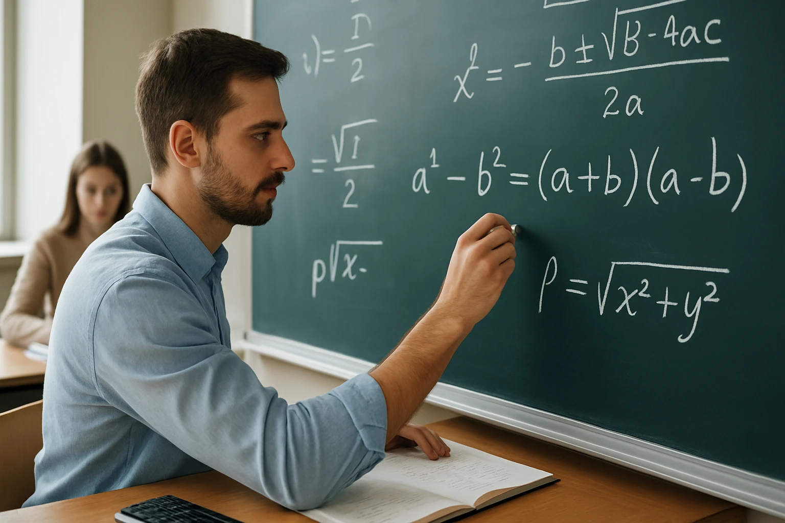 Egy férfi matematikai egyenleteket ír a táblára, háttérben egy nő.