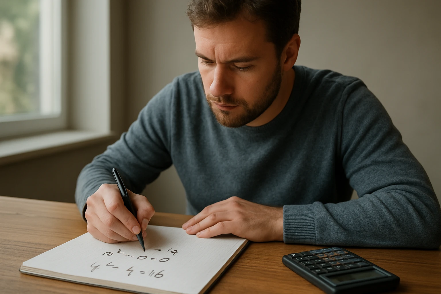 Egy férfi matematikai egyenleteket ír egy jegyzetfüzetbe, miközben koncentrál.