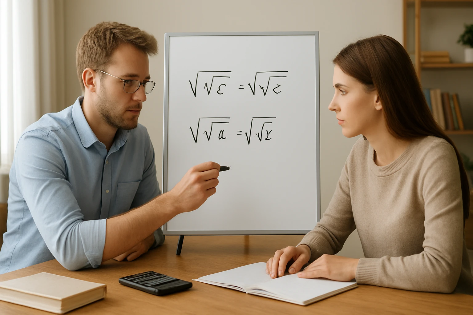 Két ember matematikai egyenleteket tanulmányoz egy táblán, számológép mellett.