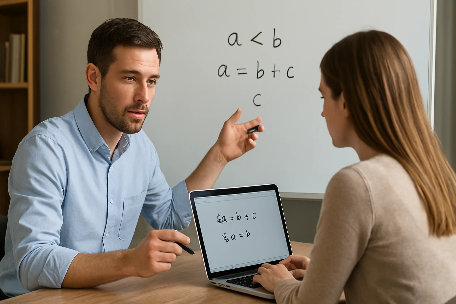 Egy férfi matematikai egyenleteket magyaráz egy nőnek laptopon.