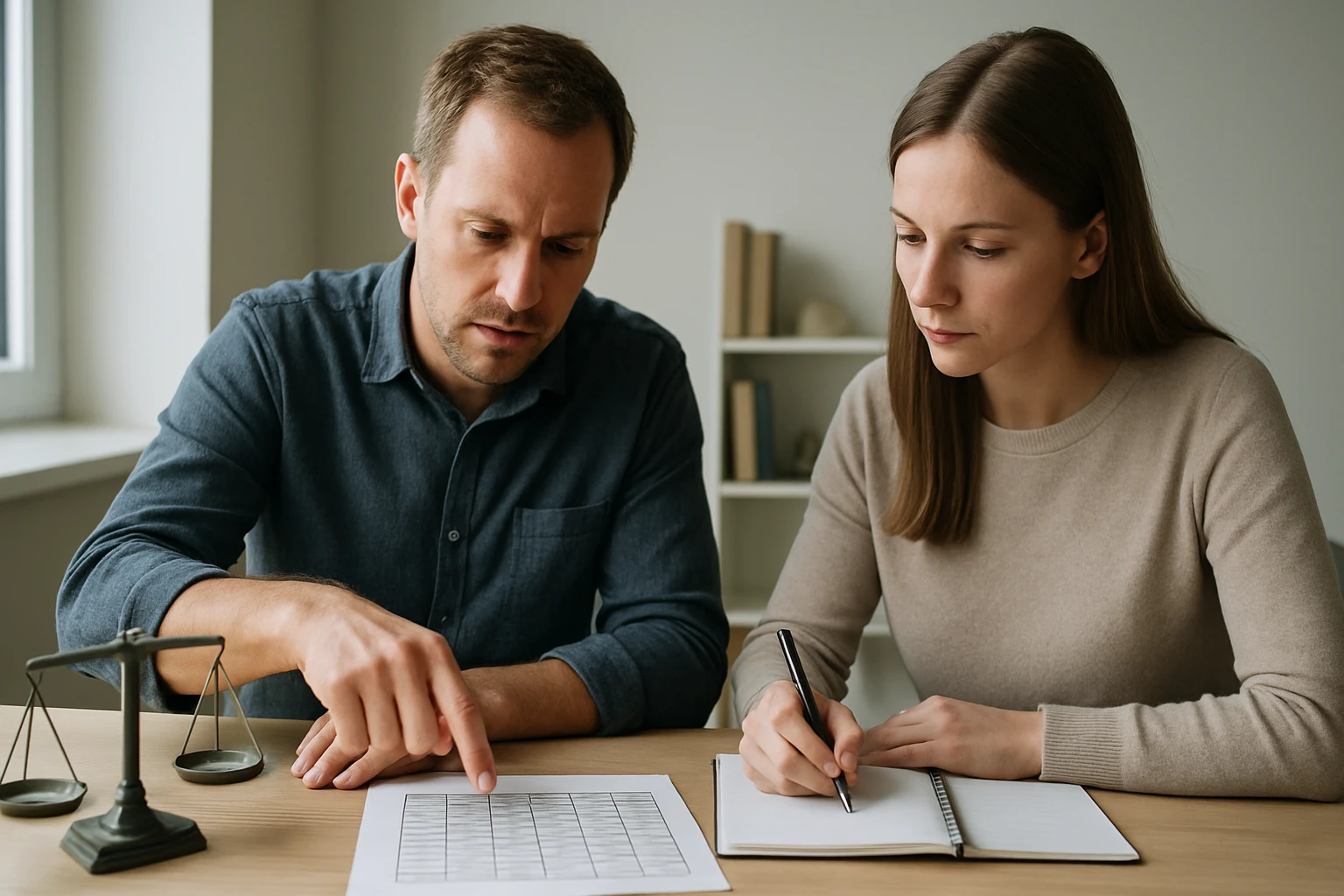 Két ember egy asztalnál ül, matematikai táblázatot néznek és jegyzetelnek.