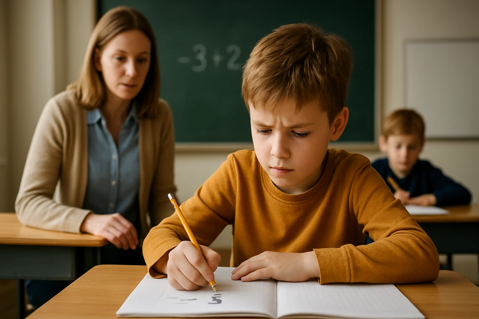 Egy fiú koncentrálva ír egy matematikai feladatot az iskolában.