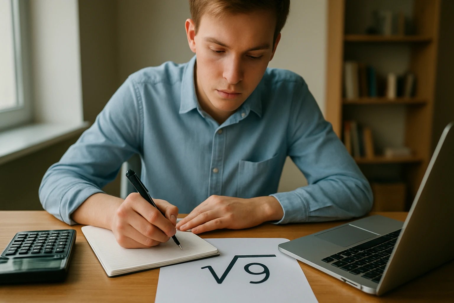 Egy fiatal férfi matematikai feladatot old meg, jegyzetel és számológépet használ.