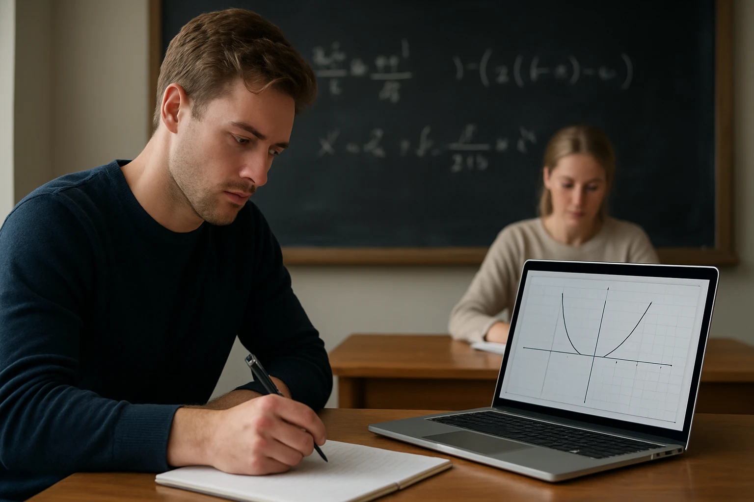 Egy fiatal férfi matematikai feladatot old meg, miközben a laptopján grafikon látható.