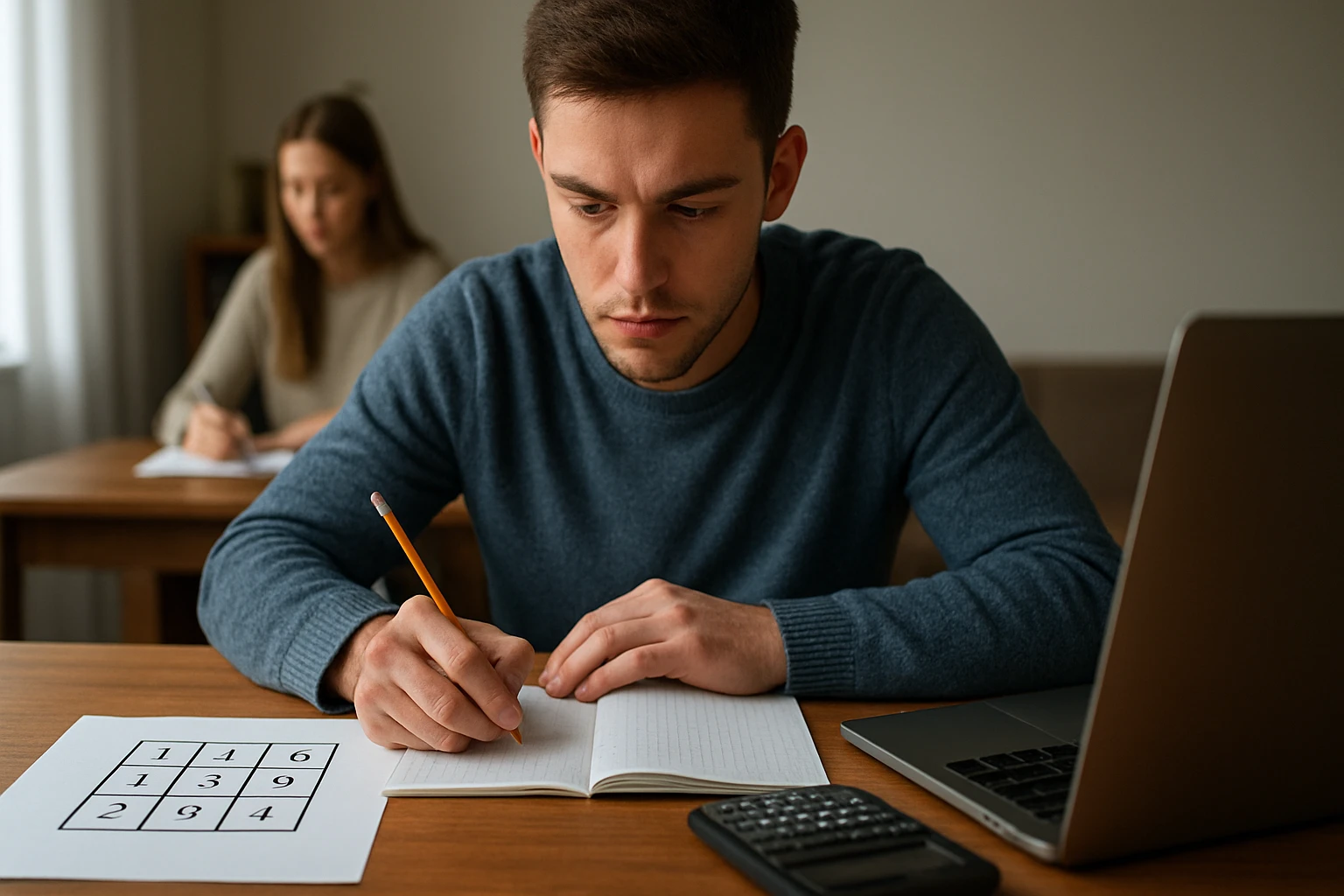 Egy fiatal férfi matematikai feladatot old meg, miközben jegyzetel.