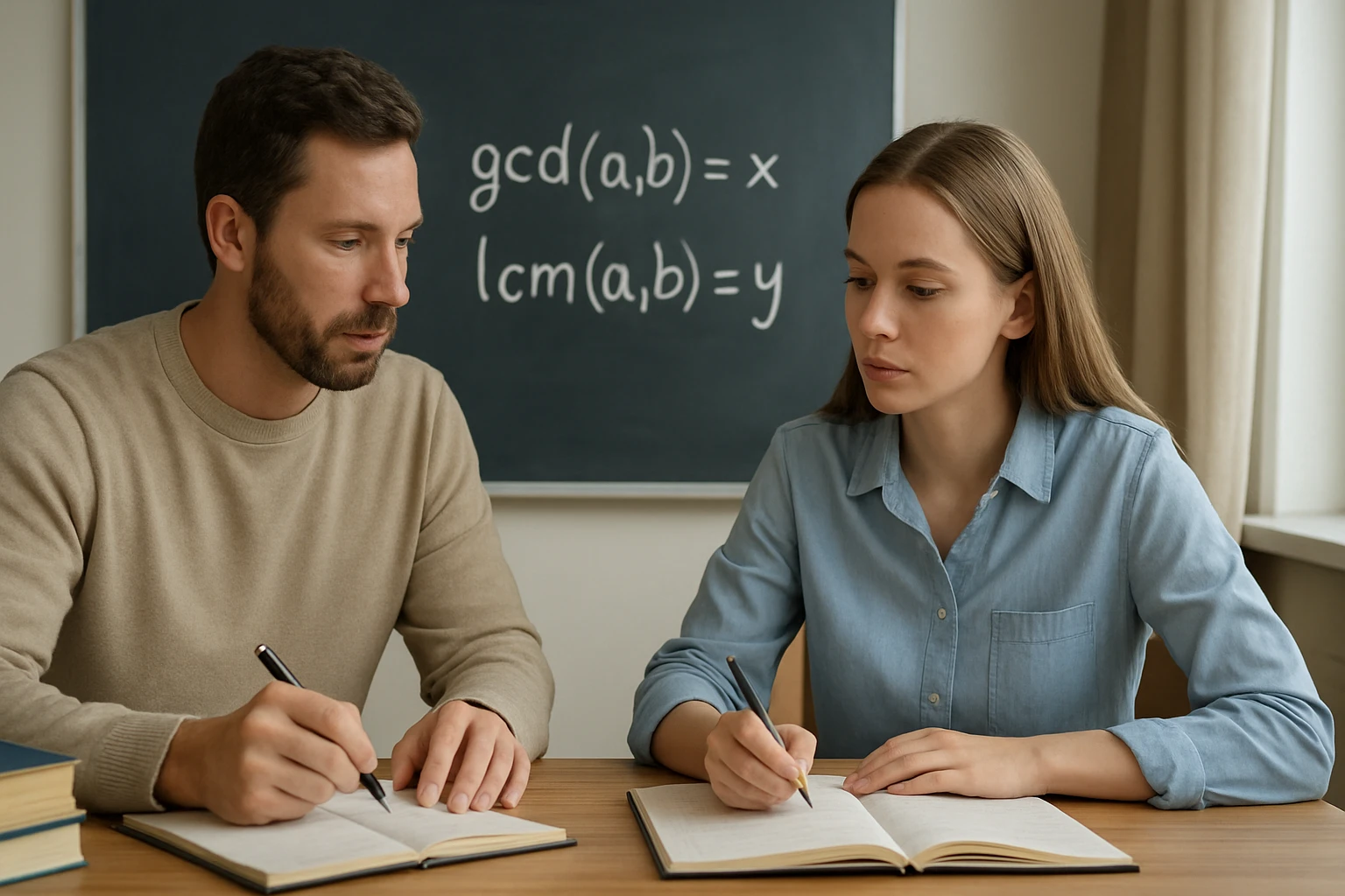 Két diák matematikai feladatokat old meg, a táblán legnagyobb közös osztó és legkisebb közös többszörös képletei láthatók.