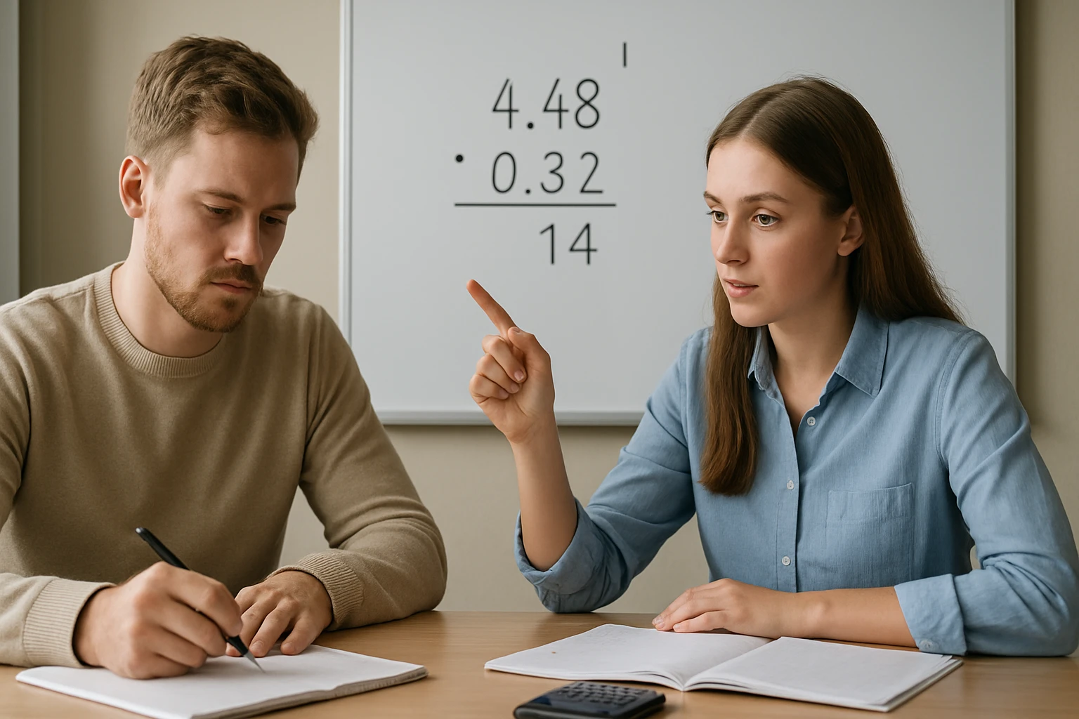 Két diák egy matematikai feladatot old meg, az egyik magyaráz, a másik jegyzetel.