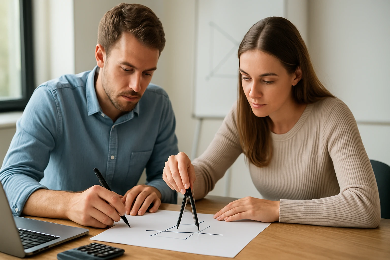 Két fiatal ember matematikai feladatot old meg, vonalzót és ceruzát használva.
