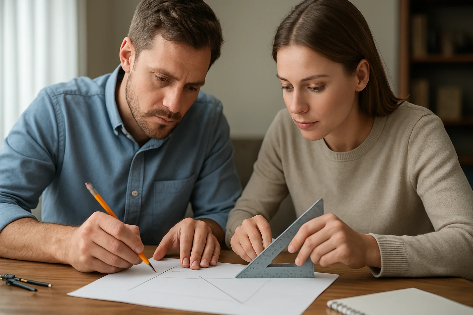 Két ember matematikai feladatot old meg, vonalzót és ceruzát használva.