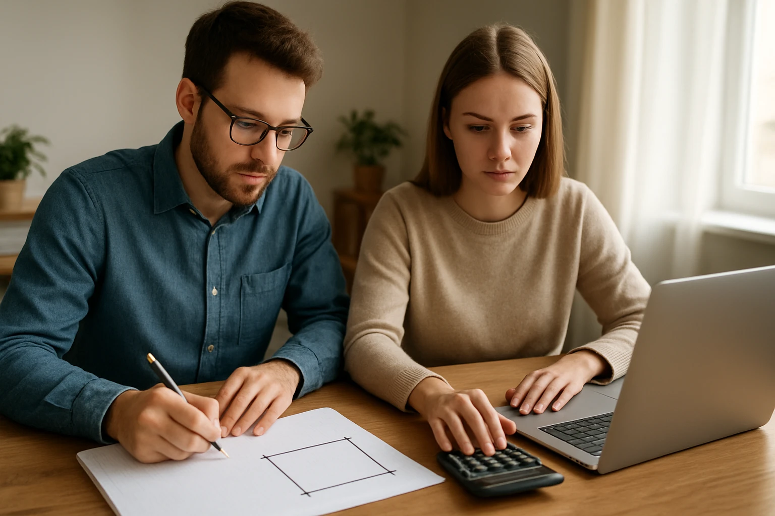 Két fiatal felnőtt matematikai feladatot old meg, az egyik papíron, a másik számológéppel.