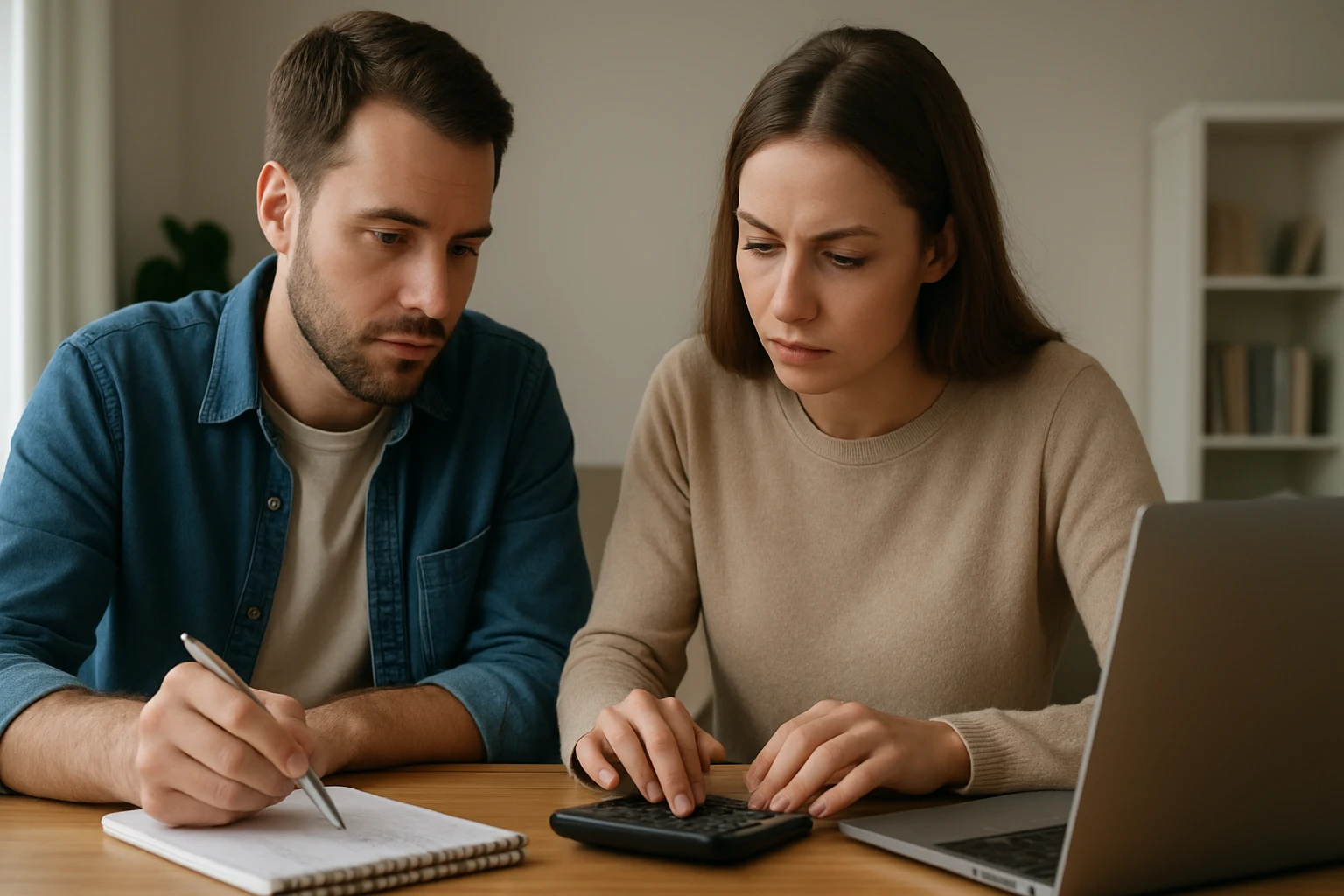 Két fiatal felnőtt együtt dolgozik egy matematikai feladaton, jegyzetelnek és számológépet használnak.