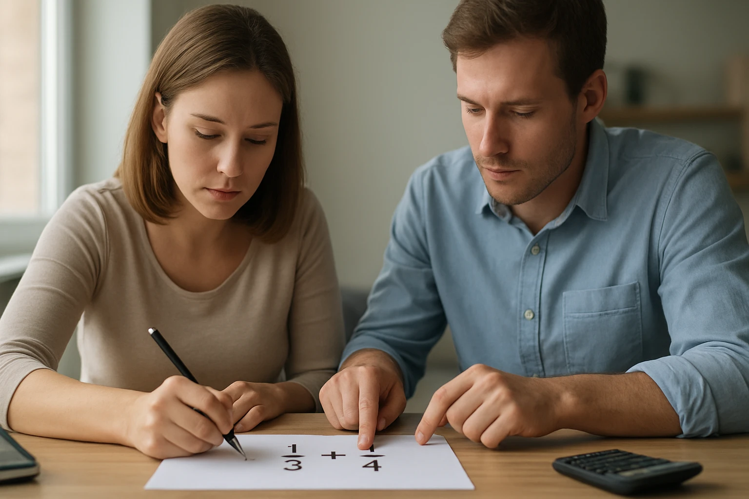Két fiatal felnőtt matematikai feladatot old meg papíron, figyelmesen dolgoznak.