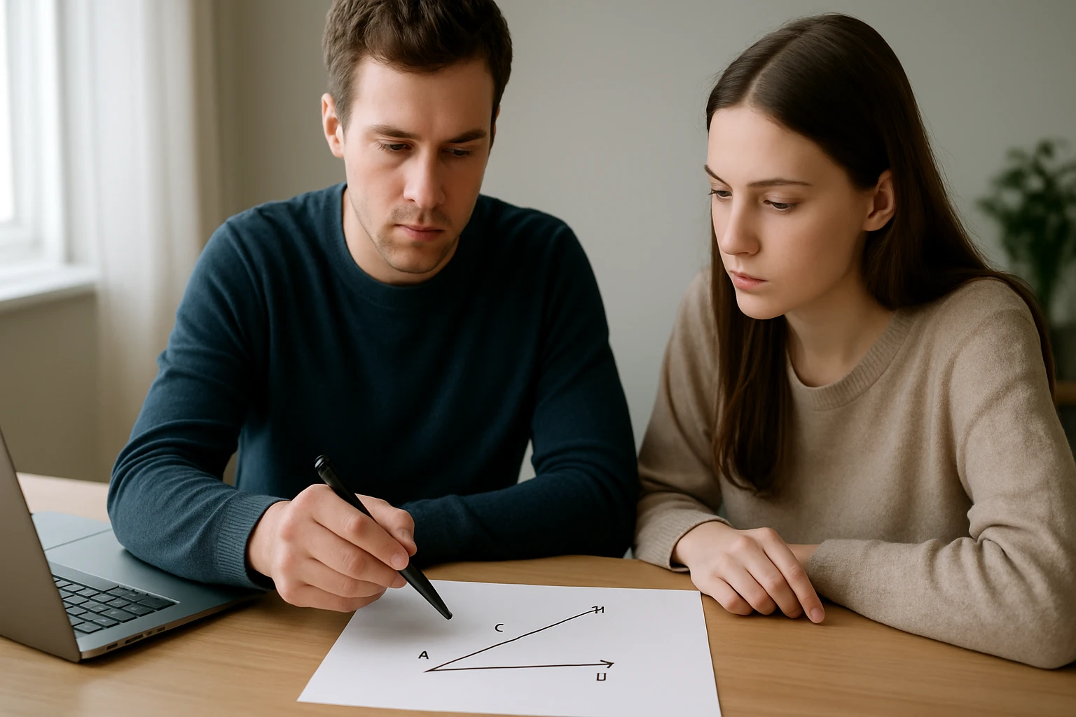 Két fiatal, egy férfi és egy nő, matematikai feladatot oldanak meg egy asztalon.