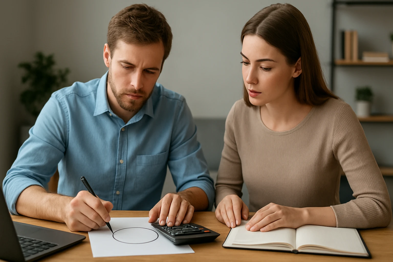 Két fiatal felnőtt matematikai feladatot old meg, kör alakot rajzolnak.