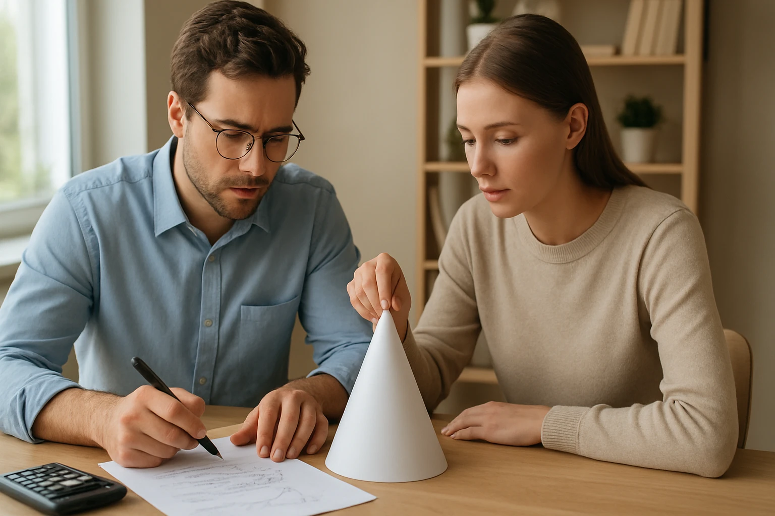 Két fiatal felnőtt matematikai feladatot old meg egy asztalnál, papírral és egy kúp formájú modellel.