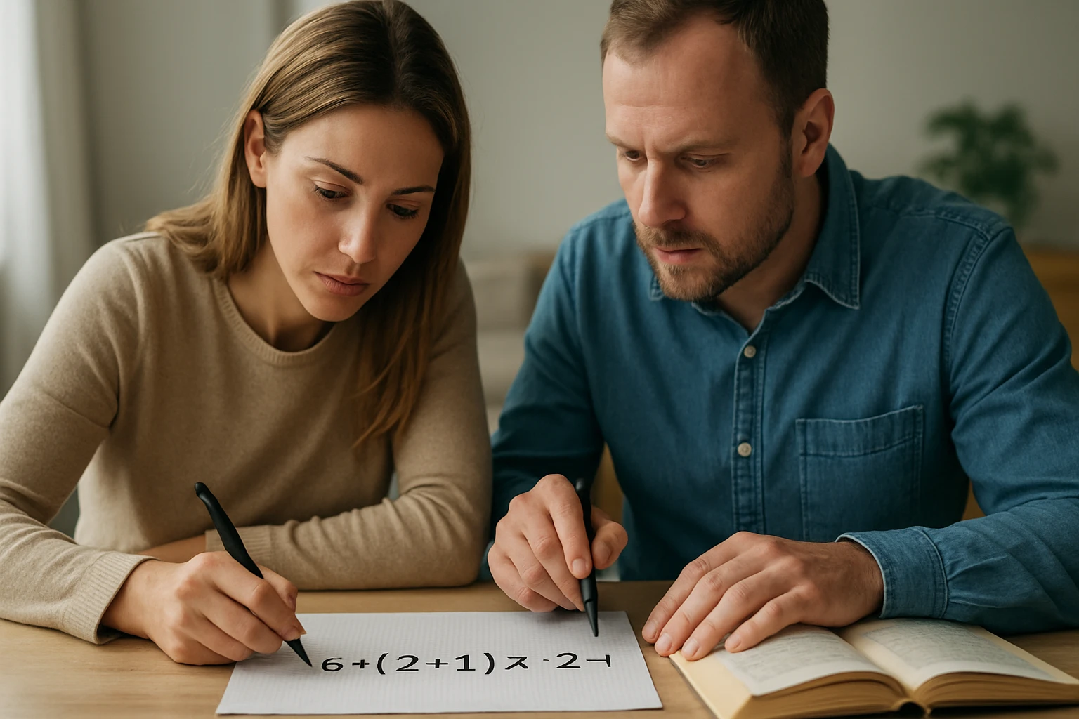 Két ember matematikai feladatot old meg, papíron számolva.