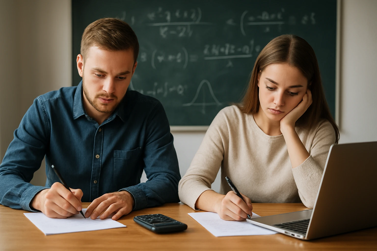 Két fiatal, egy fiú és egy lány, matematikai feladatokat oldanak meg az asztalnál.