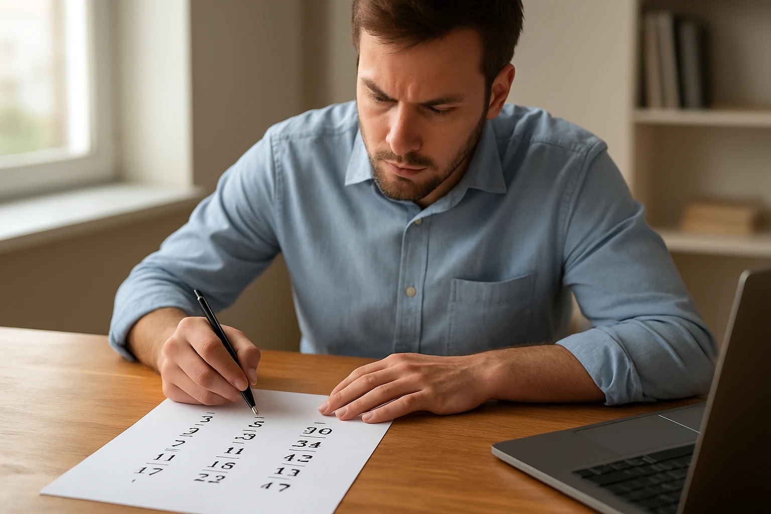 Egy férfi matematikai feladatokat ír le egy papírlapra, miközben figyelmesen nézi azokat.