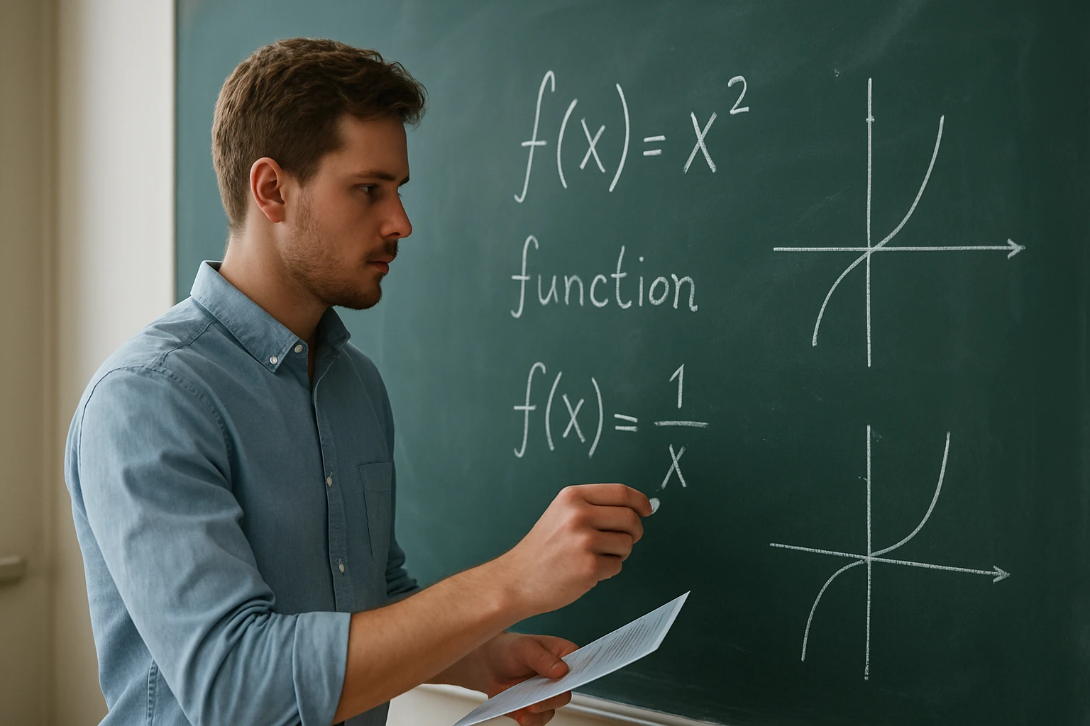 Egy fiatal férfi matematikai függvényeket ír a táblára, figyelmesen dolgozik.