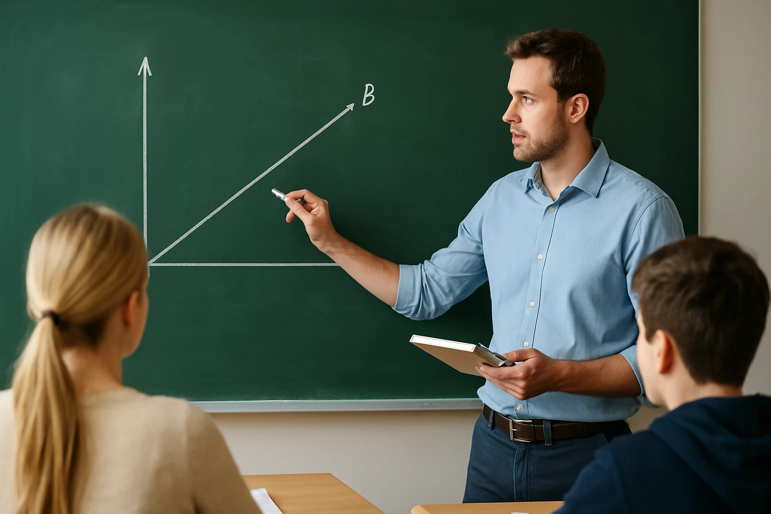 Egy tanár a táblán egy grafikonon mutatja be a matematikai összefüggéseket.