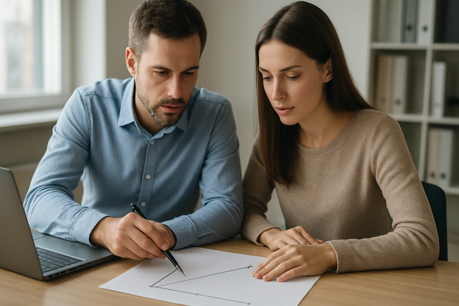 Két ember egy asztalnál ül, matematikai grafikont rajzolnak papírra.