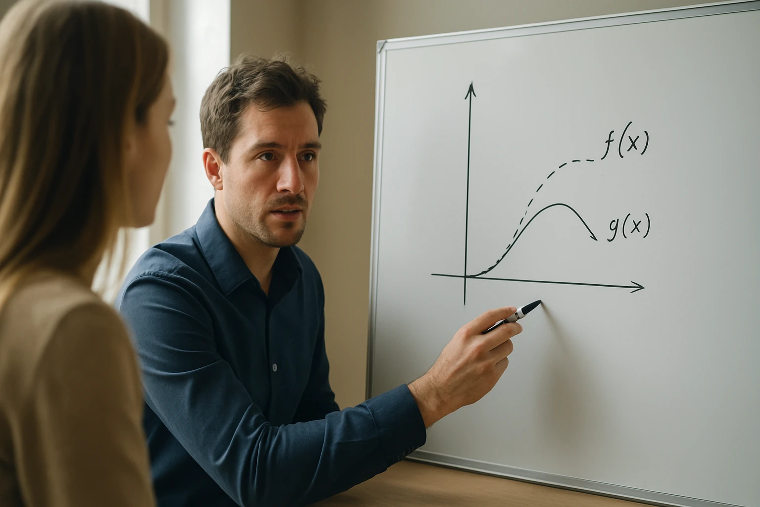 Egy férfi matematikai grafikont magyaráz egy nőnek, fehér táblán.