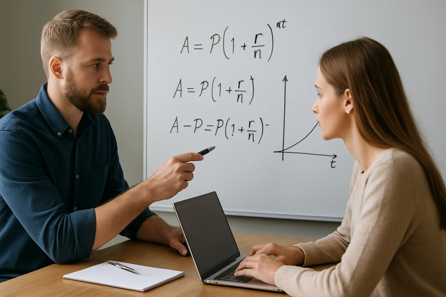 Két ember egy laptop előtt, matematikai képletek a táblán.