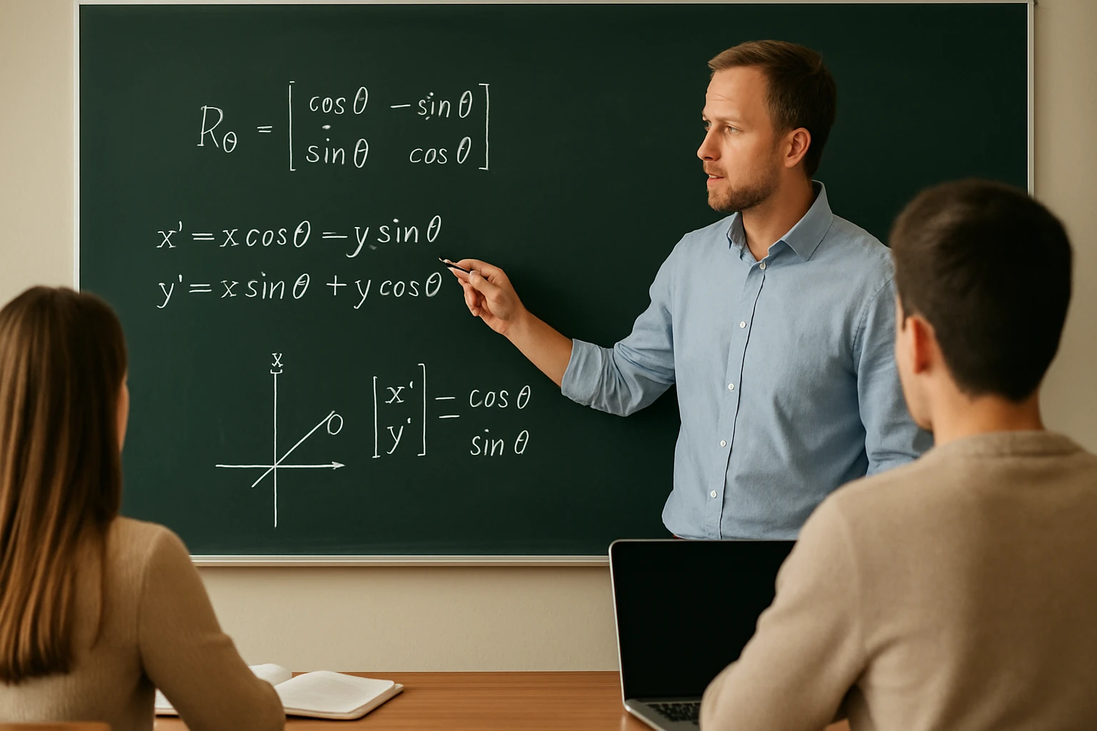 Egy tanár matematikai képleteket magyaráz a táblán, diákok figyelnek.