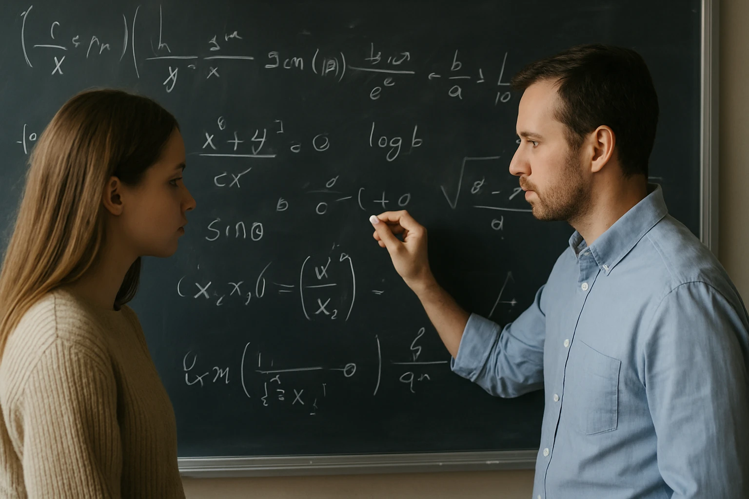 Egy férfi matematikai egyenleteket magyaráz egy nőnek egy táblán.