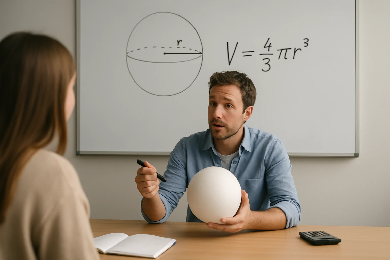 Egy férfi matematikai képletet magyaráz egy nőnek, miközben gömböt tart.