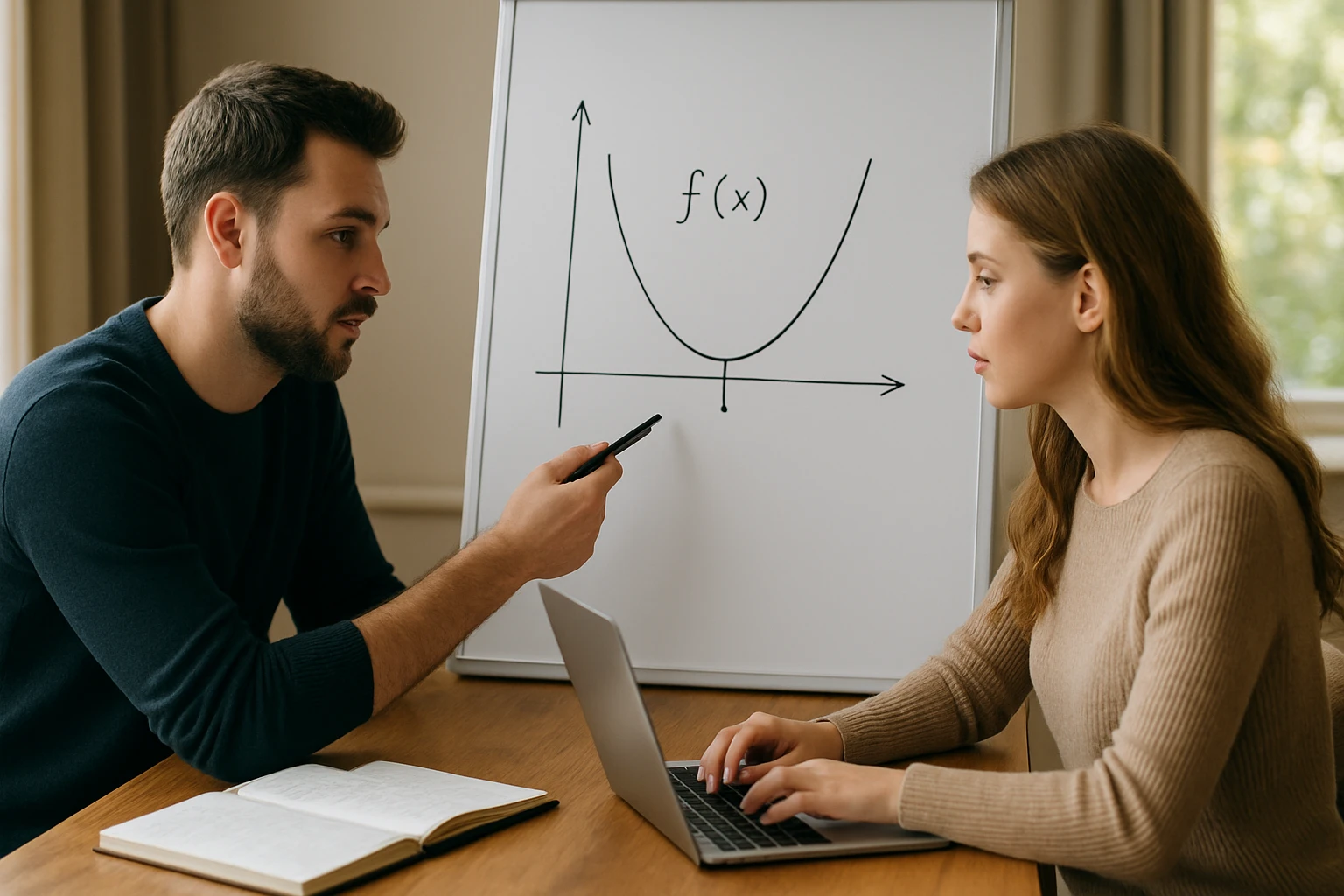 Egy férfi matematikai grafikont magyaráz egy nőnek, aki laptopon dolgozik.