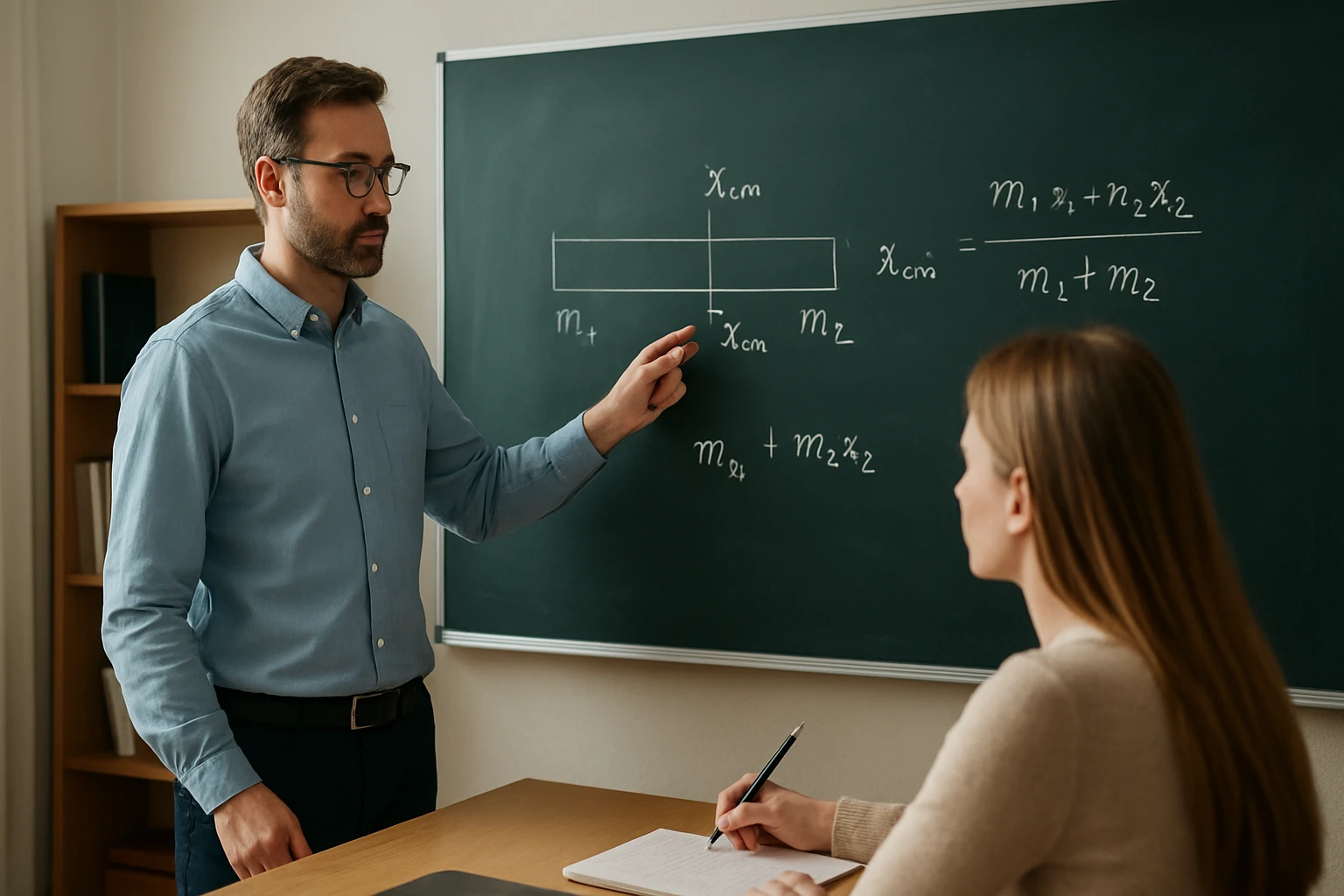 Egy tanár magyaráz egy matematikai képletet diákjának táblánál.