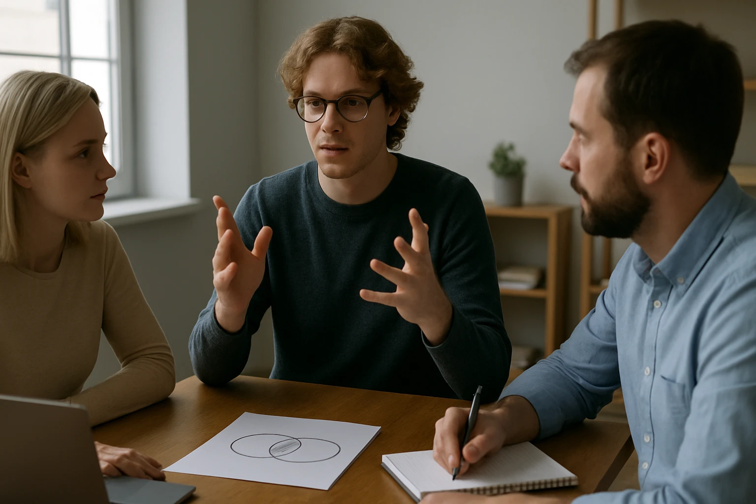 Három fiatal felnőtt egy asztalnál ül, matematikai fogalmakat vitatnak.