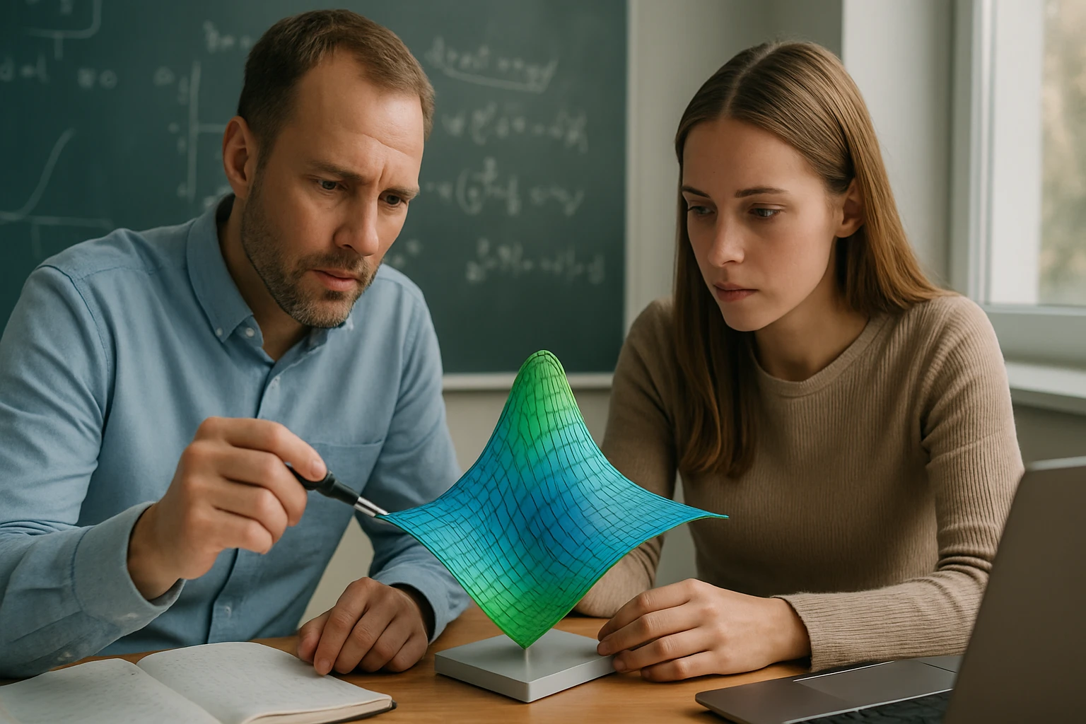 Két ember egy matematikai modellt tanulmányoz, amely egy színes felületet ábrázol.