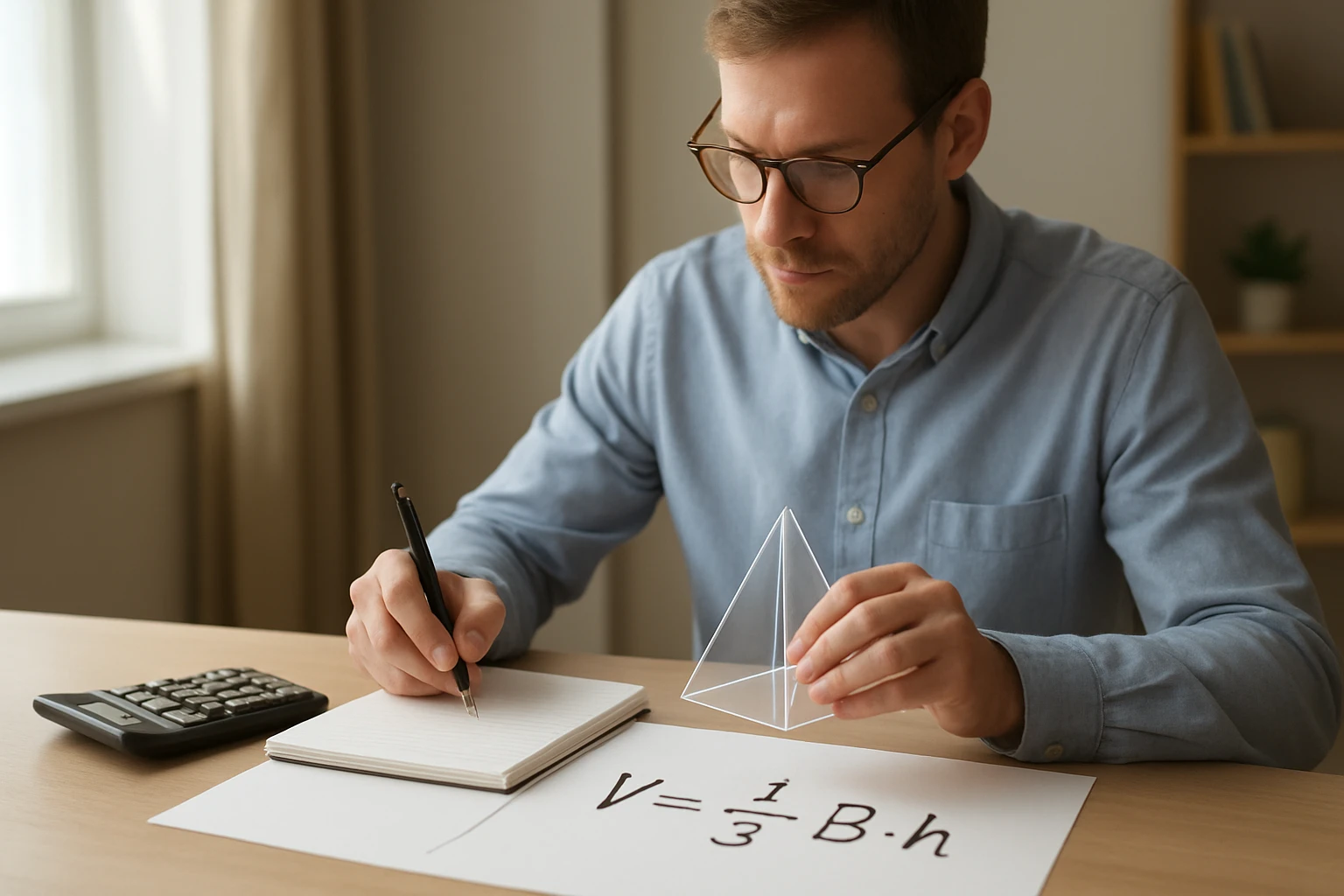 Egy férfi egy piramis modellt tart a kezében, miközben jegyzetel.