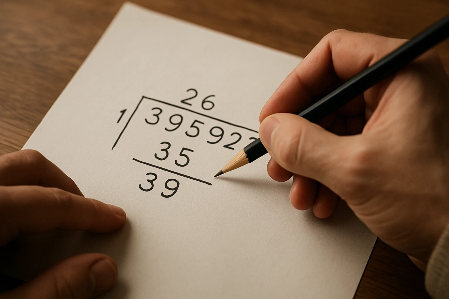 Egy kéz egy papírlapon számokat ír, matematikai műveletet végez.