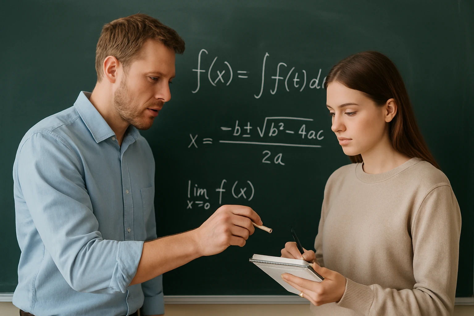 Egy tanár és egy diák matematikai feladatot oldanak meg táblánál.