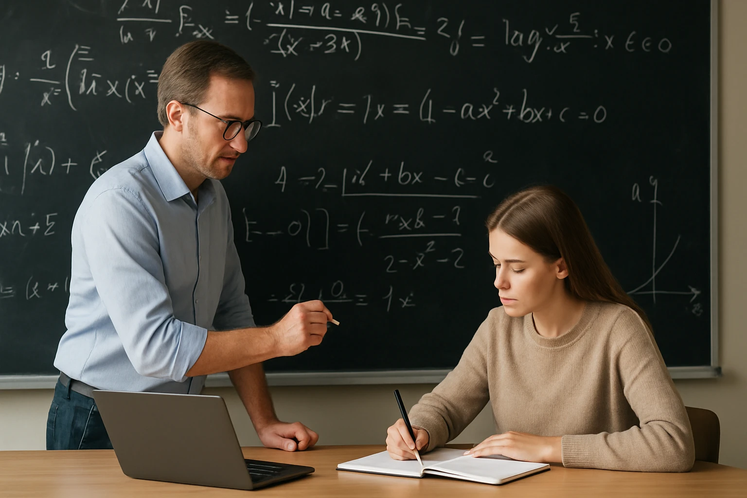 Egy tanár magyaráz matematikai feladatokat egy diákjának az osztályteremben.