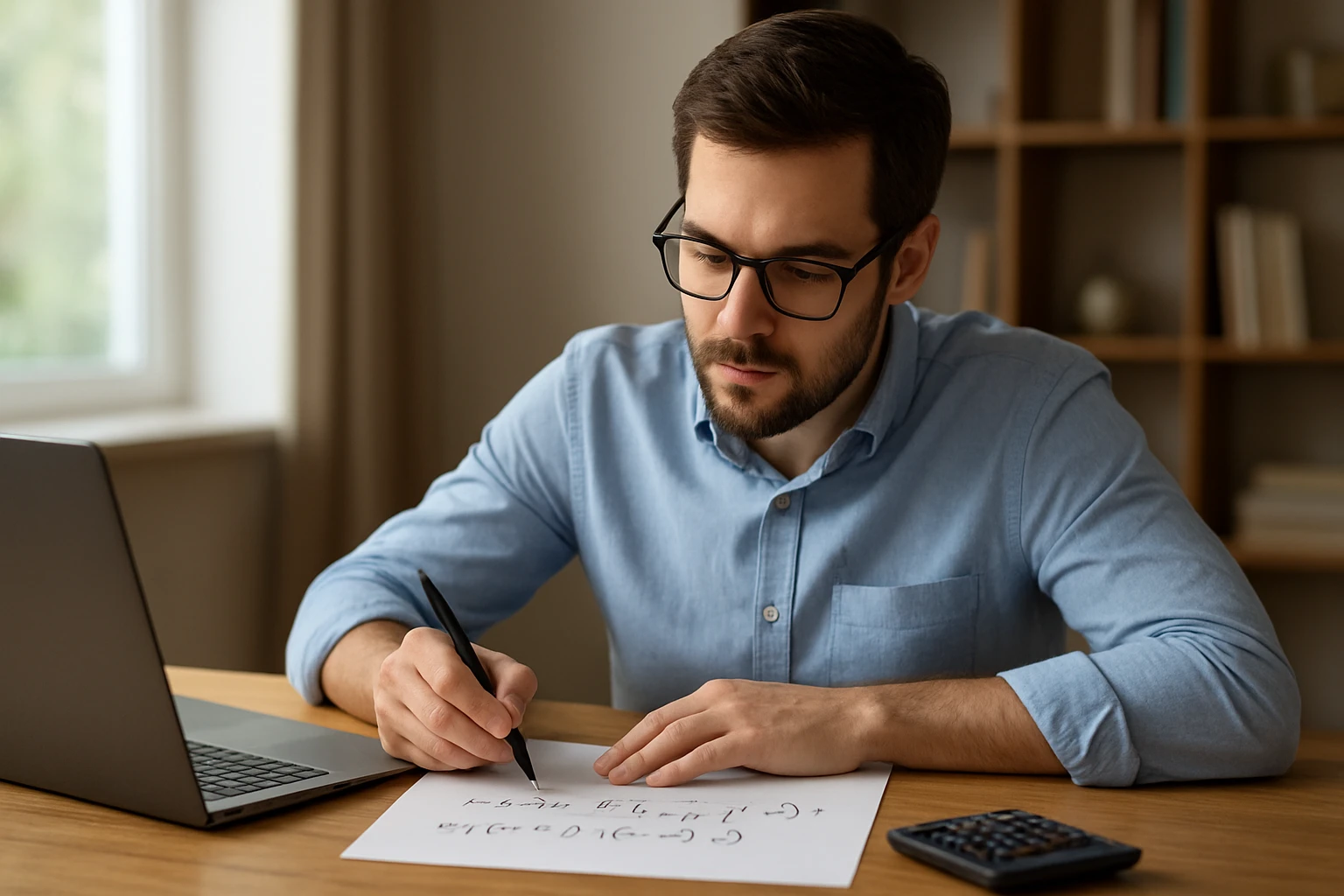 Egy fiatal férfi matematikai egyenleteket ír egy papírra, laptop előtt ülve.