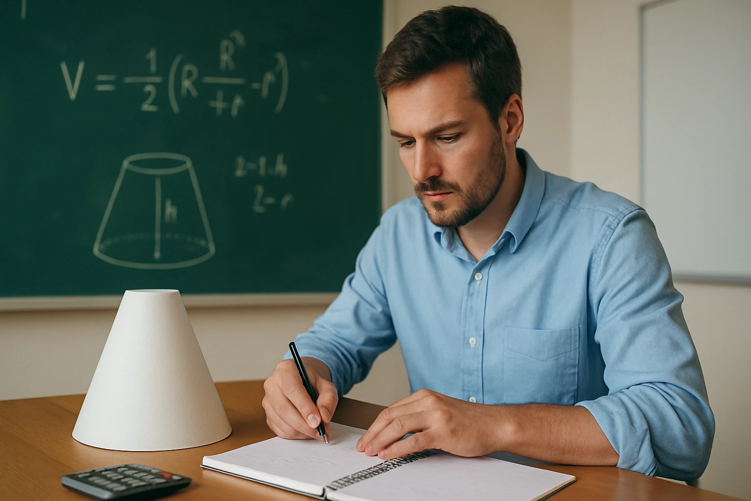 Egy férfi matematikai képleteket ír egy jegyzetfüzetbe, mellette egy kúp alakú papíralakzat.