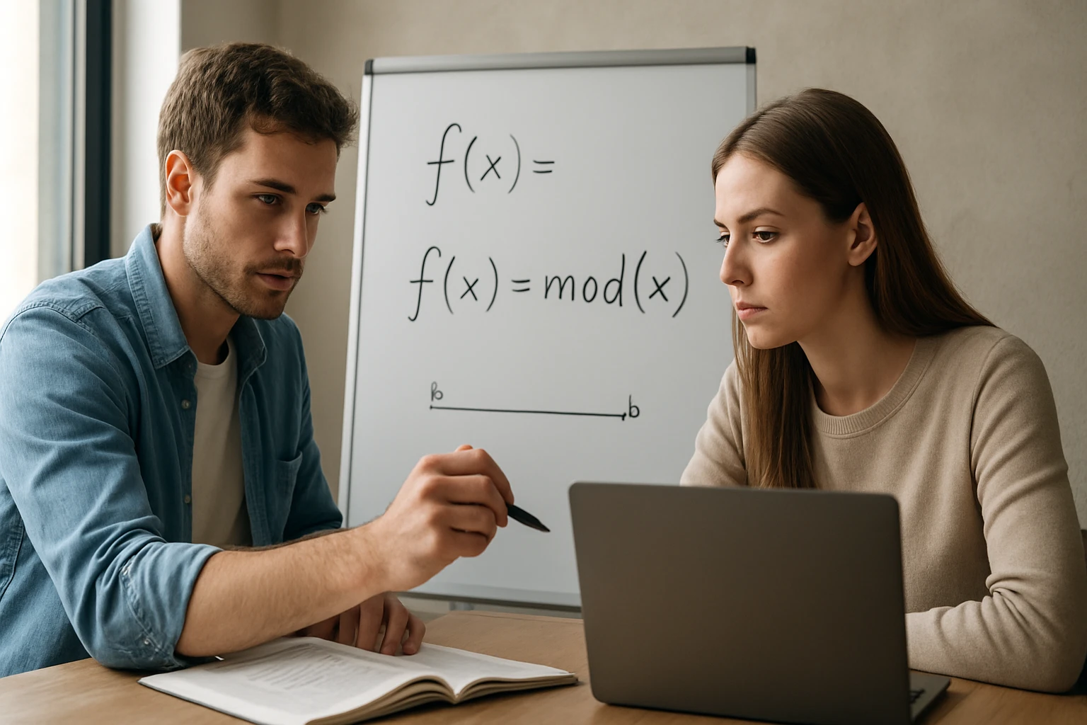 Két fiatal matematikai problémát megoldó diák ül egy asztalnál, laptop előtt.