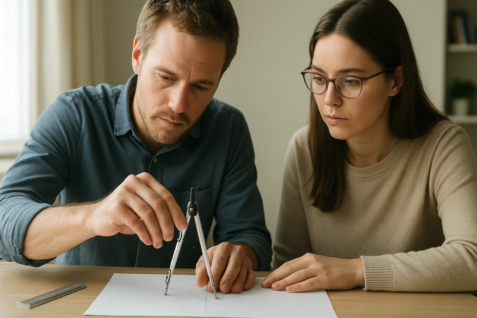 Két ember, aki körzőt használ egy papírlapon, matematikai rajzot készítve.